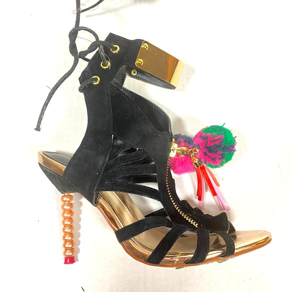 Sophia Webster Yasmina Pom Pom Sandal High Heel FLAWED Black Sz 36